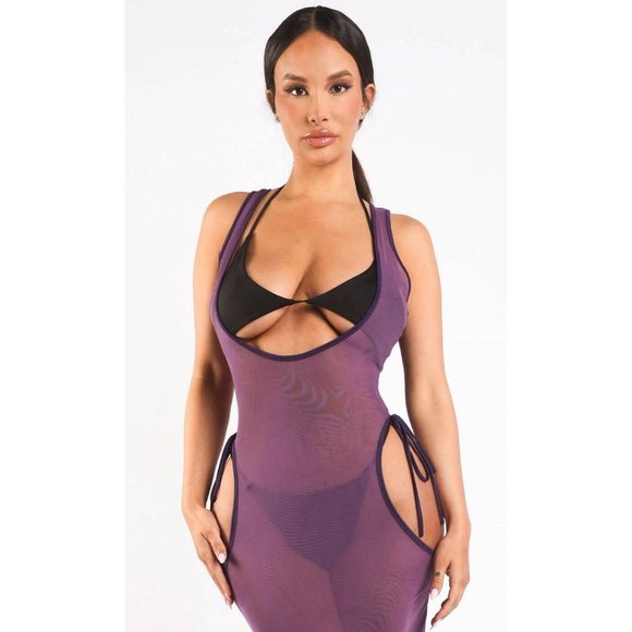 Women's Sexy Cut Out Sleeveless Mesh Cover-Up Dress Beach Pool Resort Daily - Picture 7 of 12